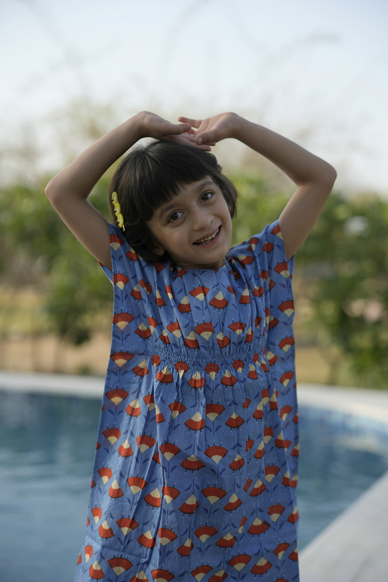 Blue Cotton Kaftan Dress For Girls
