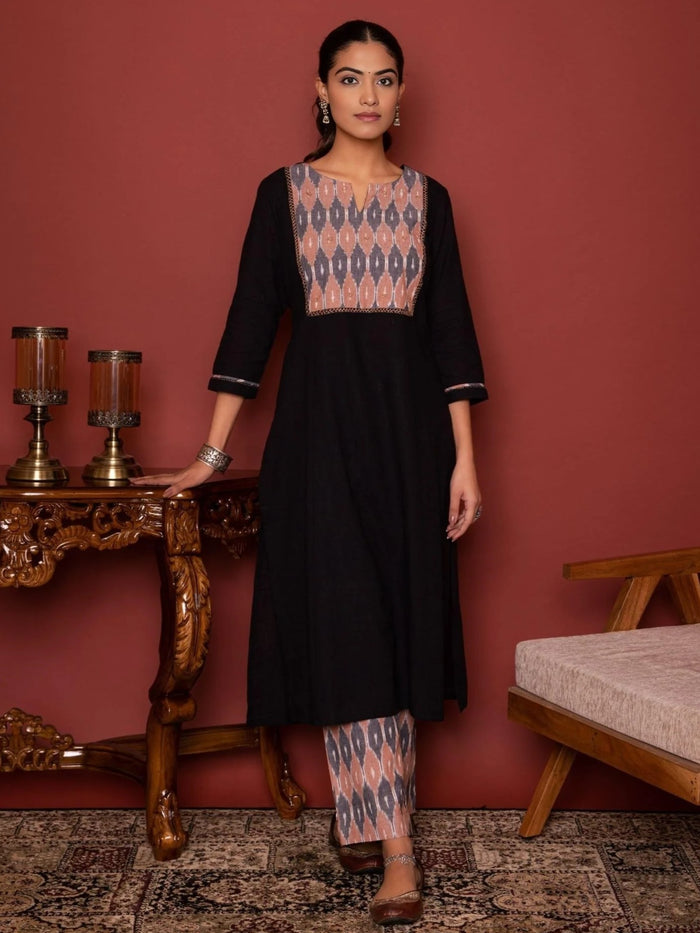 BLACK KURTA-COTTON FLEX PANT-IKKAT ROUND NECK MIRROR WORK WITH KATHA KURTA PANT SET