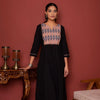 BLACK KURTA-COTTON FLAX PANT-IKKAT ROUND NECK MIRROR WORK WITH KATHA KURTA PANT SET