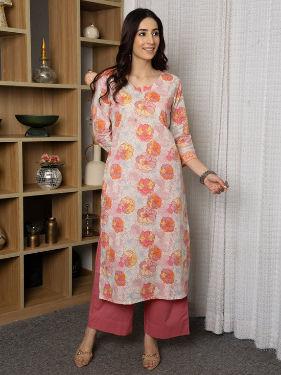 Beige Colour Cotton Round With V Neck Floral Print Kurta For Women's