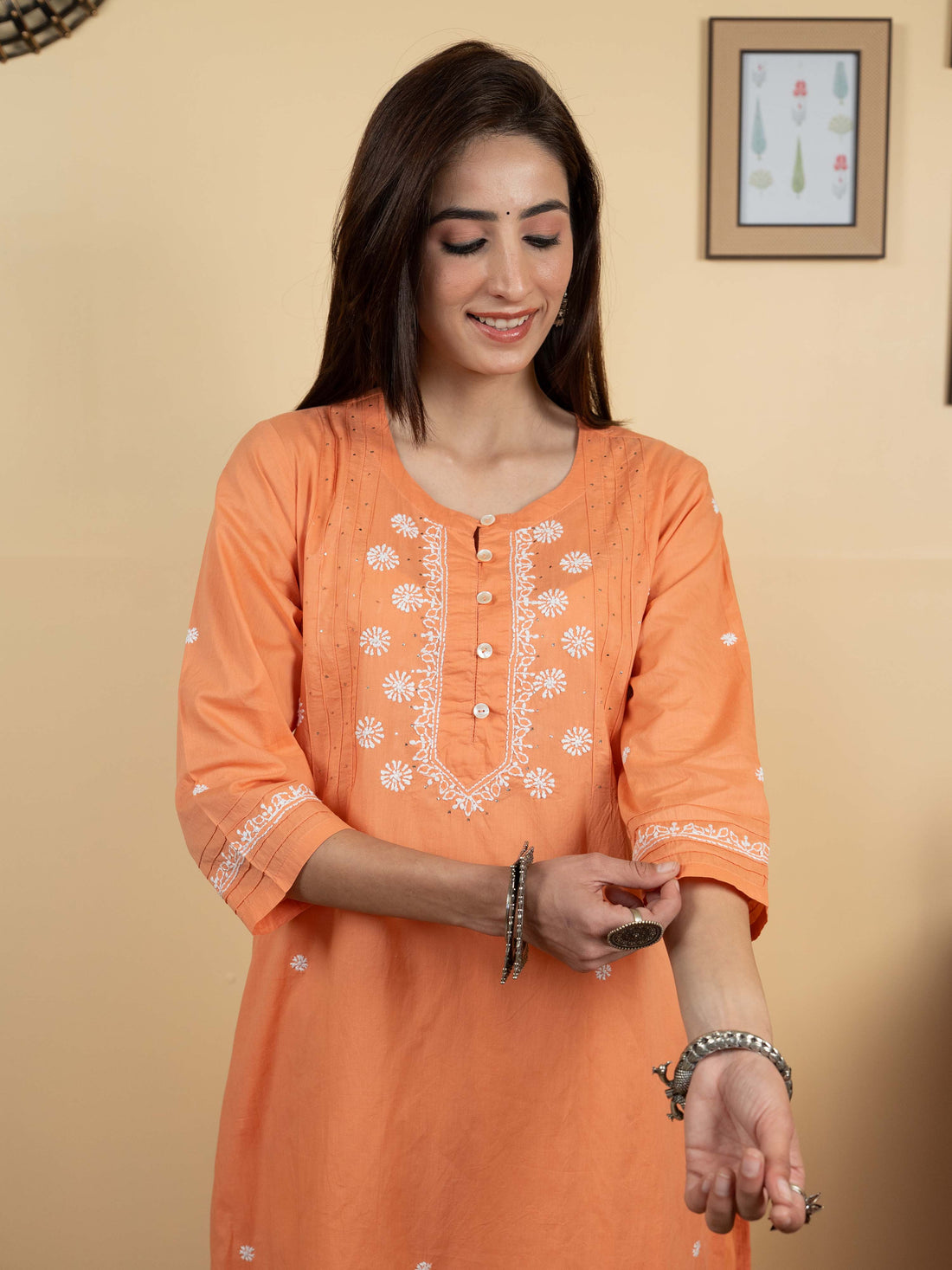 Peach Colour Premium Cotton Round Neck Hand Embroidered Chikankari Kurta