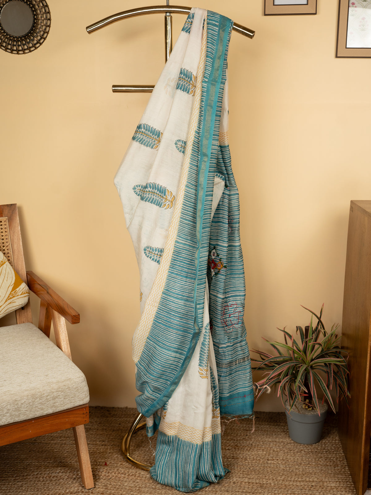 White And Blue Chanderi Block Printed