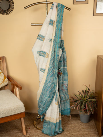 White And Blue Chanderi Block Printed