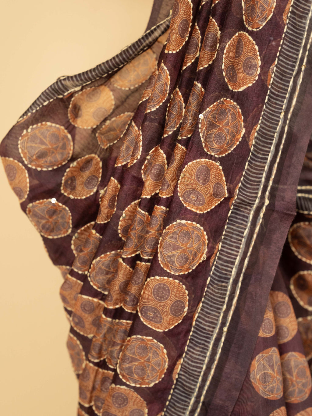 Wine Cotton Hand Kantha Saree
