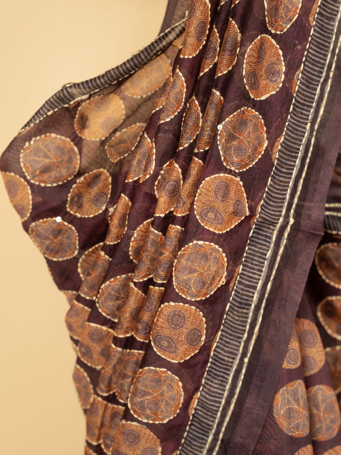 Wine Cotton Hand Kantha Saree