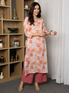 Light pink with orange Colour Cotton Round With V Neck Floral Print Kurta For Women's
