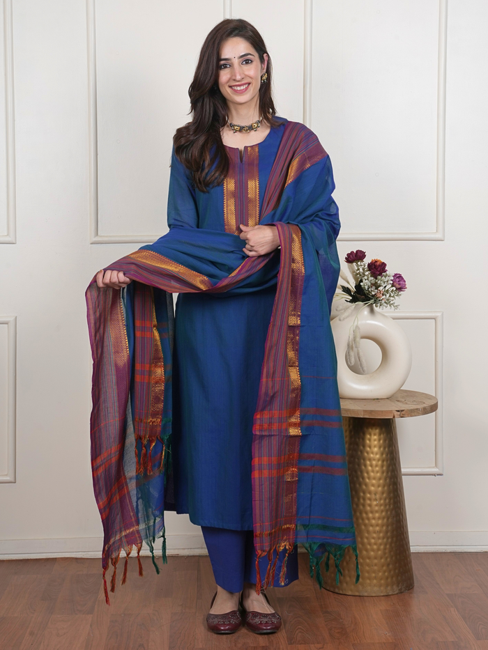 Blue South Handloom Complete Suit Set For Women's
