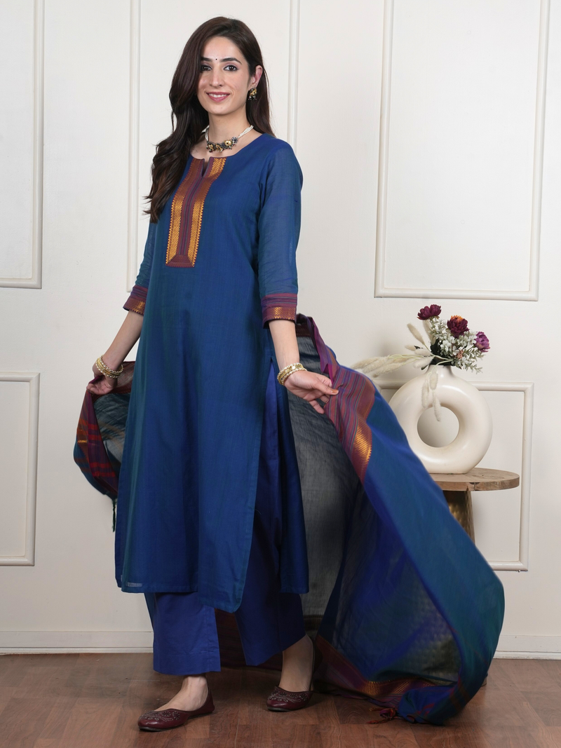 Blue South Handloom Complete Suit Set For Women's