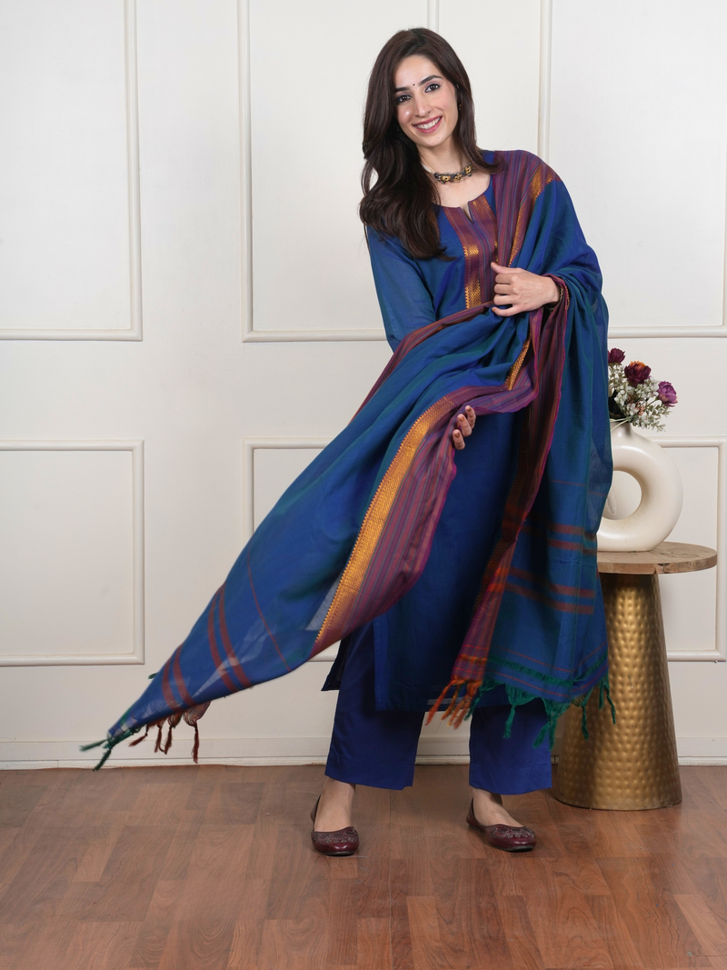 Blue South Handloom Complete Suit Set For Women's
