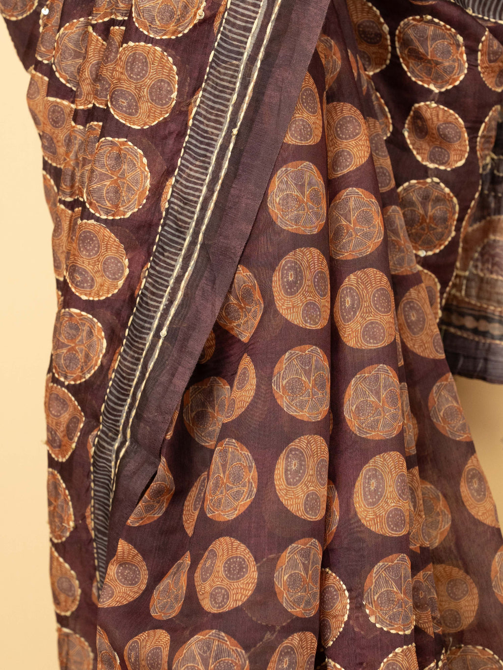 Wine Cotton Hand Kantha Saree