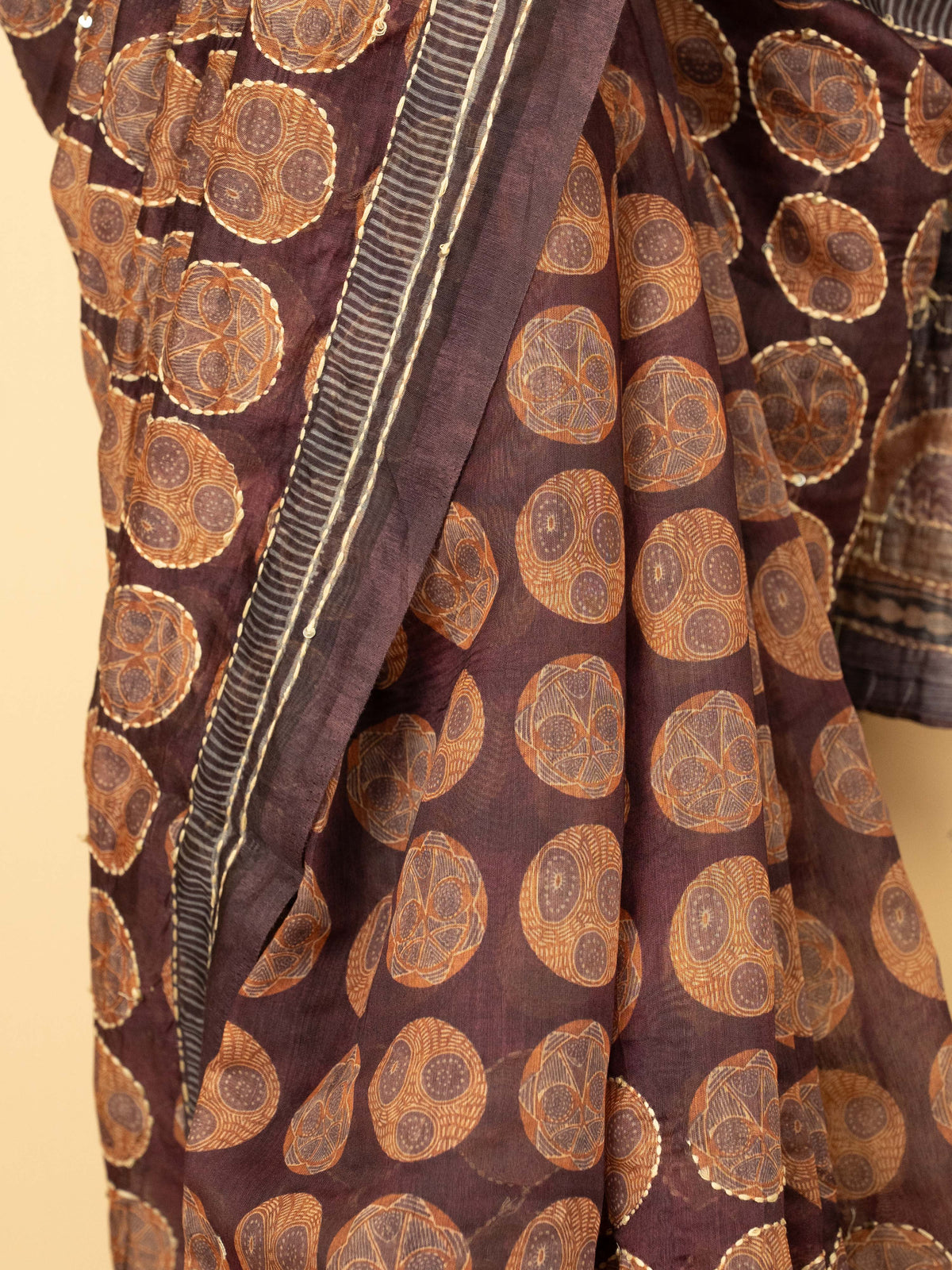 Wine Cotton Hand Kantha Saree