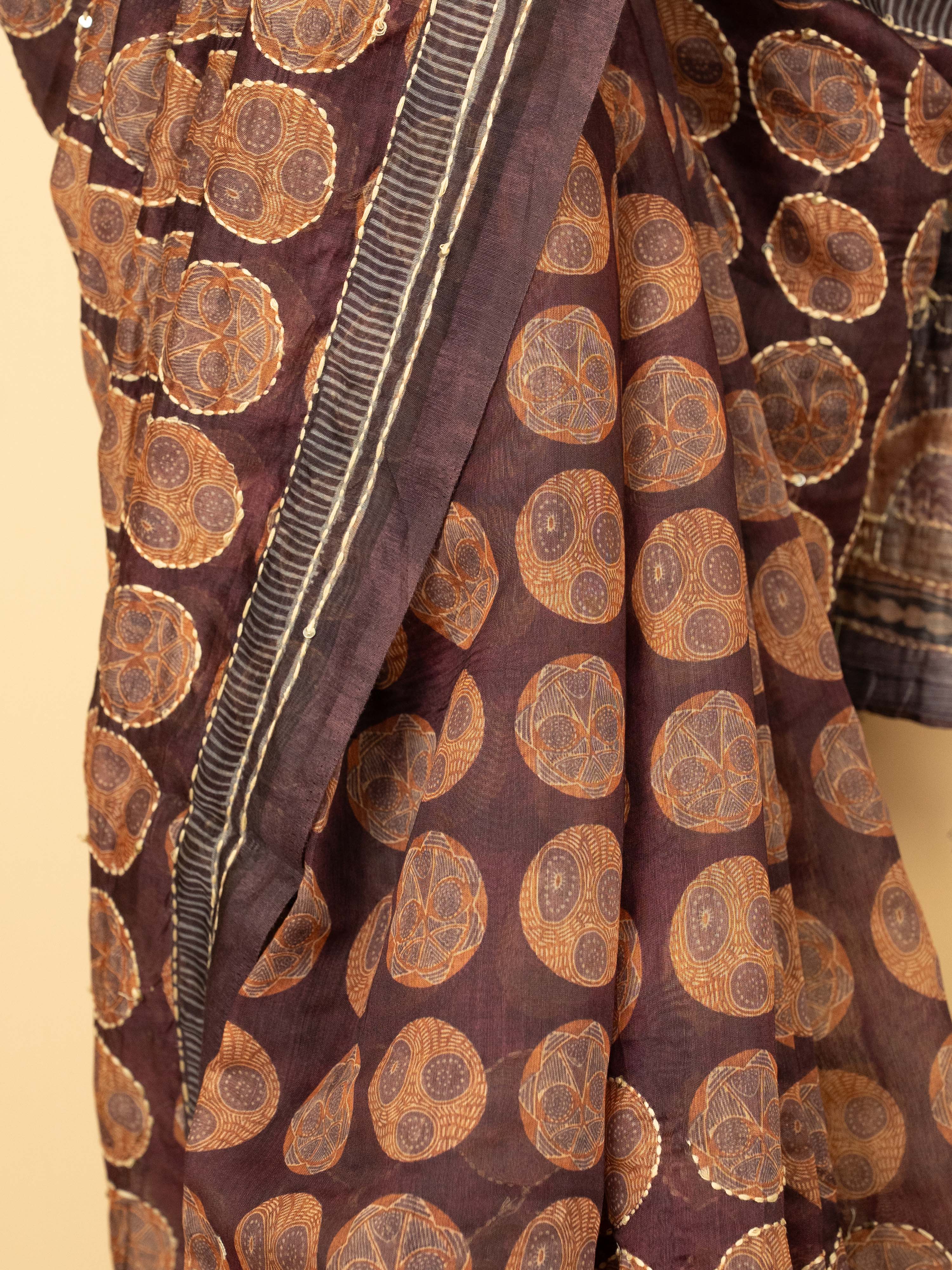 Wine Cotton Hand Kantha Saree