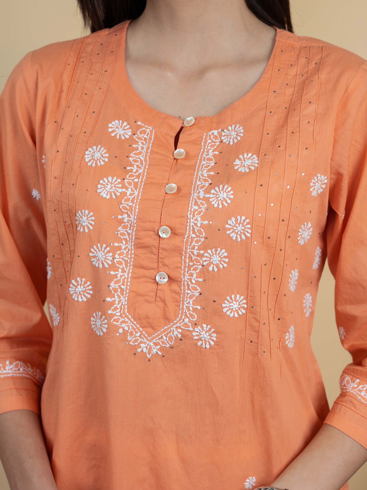 Peach Colour Premium Cotton Round Neck Hand Embroidered Chikankari Kurta