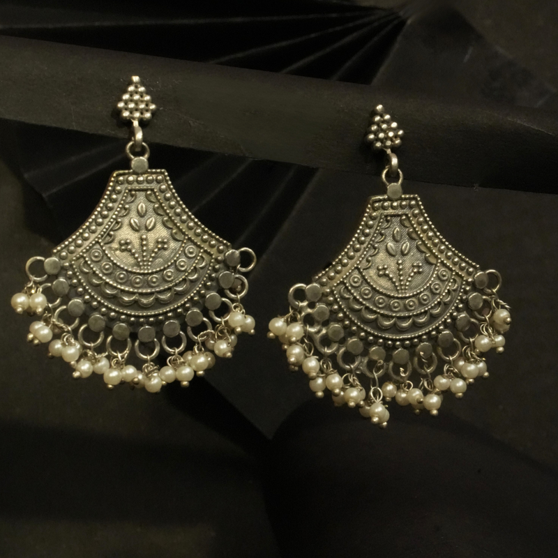 Antique Silver Jhumka Earrings with  Pearl Drops