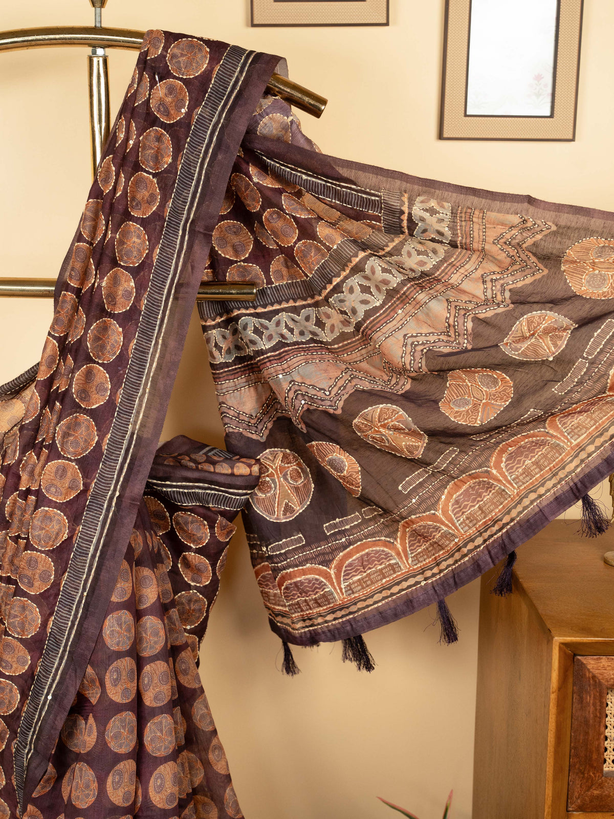 Wine Cotton Hand Kantha Saree
