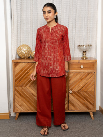 Red Cotton Collar Short Top For Women's