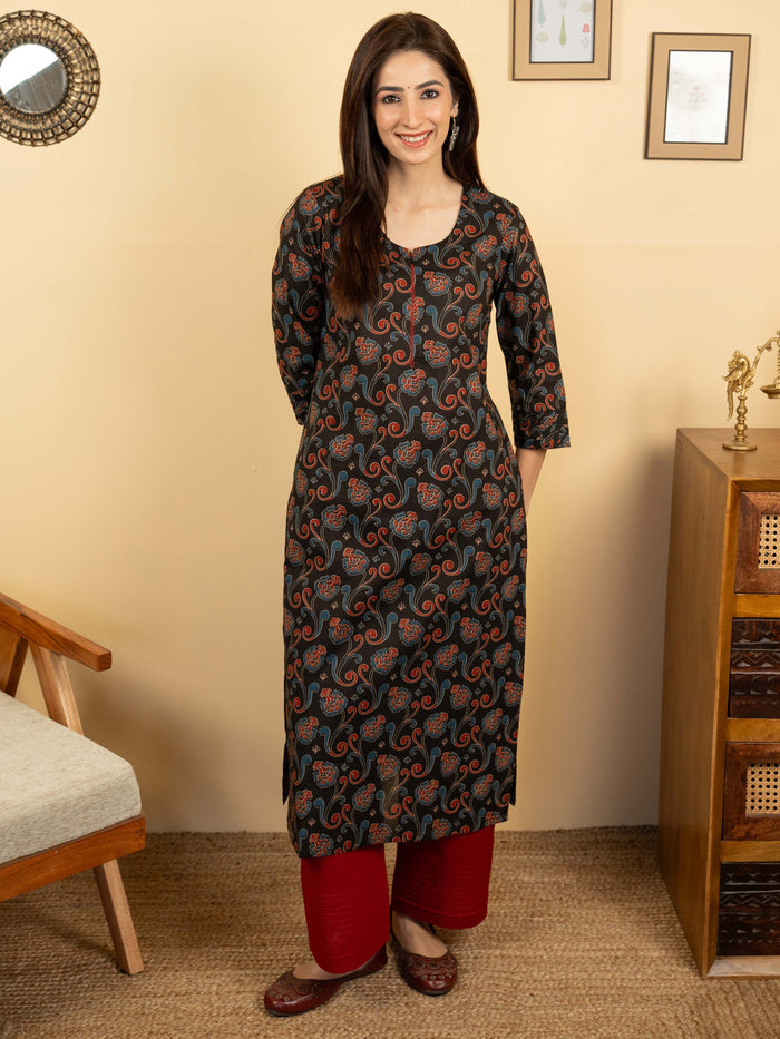 Black Colour Cotton Round With V-Neck Jaal Print Kurta For Women's