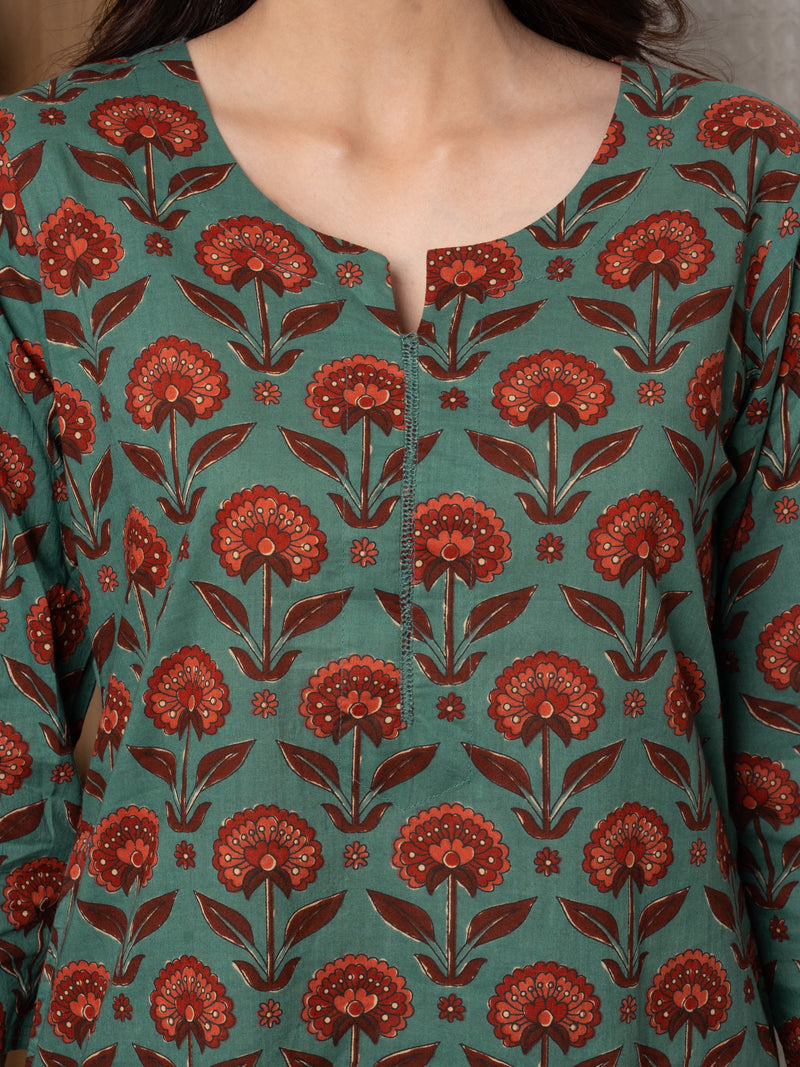 Peacock Green Cotton Round with V Neck Floral Print Kurta For Women's