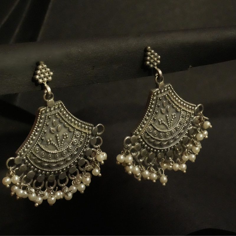Antique Silver Jhumka Earrings with  Pearl Drops