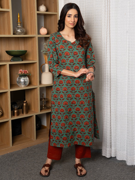 Peacock Green Cotton Round with V Neck Floral Print Kurta For Women's