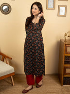 Black Colour Cotton Round With V-Neck Jaal Print Kurta For Women's