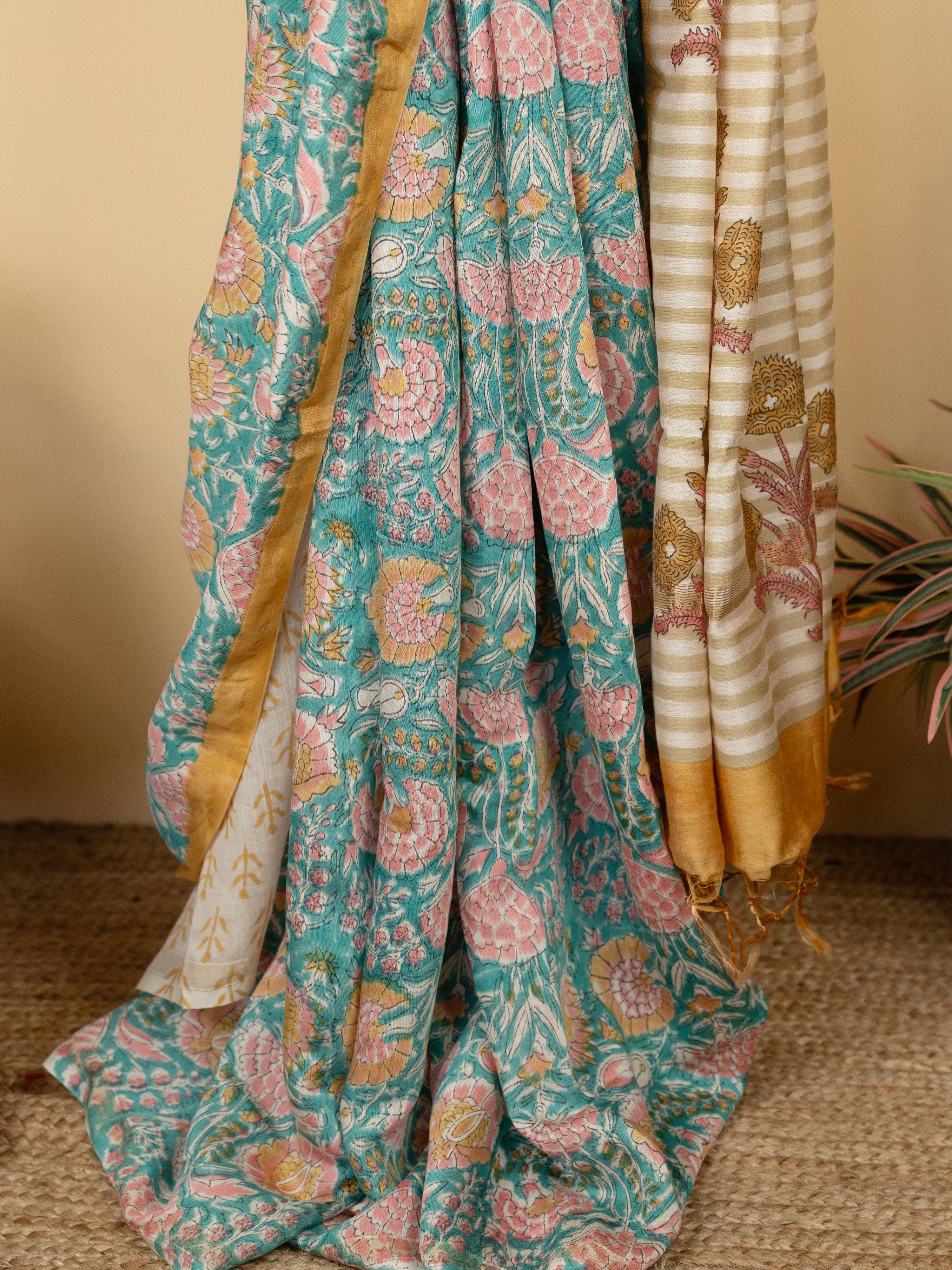 Dusty Blue Chanderi Block Print Saree