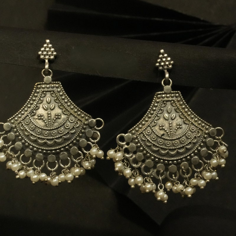 Antique Silver Jhumka Earrings with  Pearl Drops