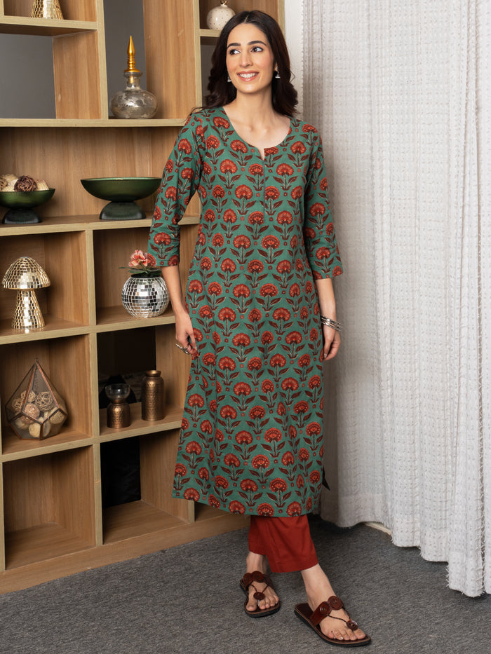Peacock Green Cotton Round with V Neck Floral Print Kurta For Women's