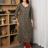 Peacock Green Cotton Round with V Neck Floral Print Kurta For Women's
