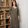 Peacock Green Cotton Round with V Neck Floral Print Kurta For Women's