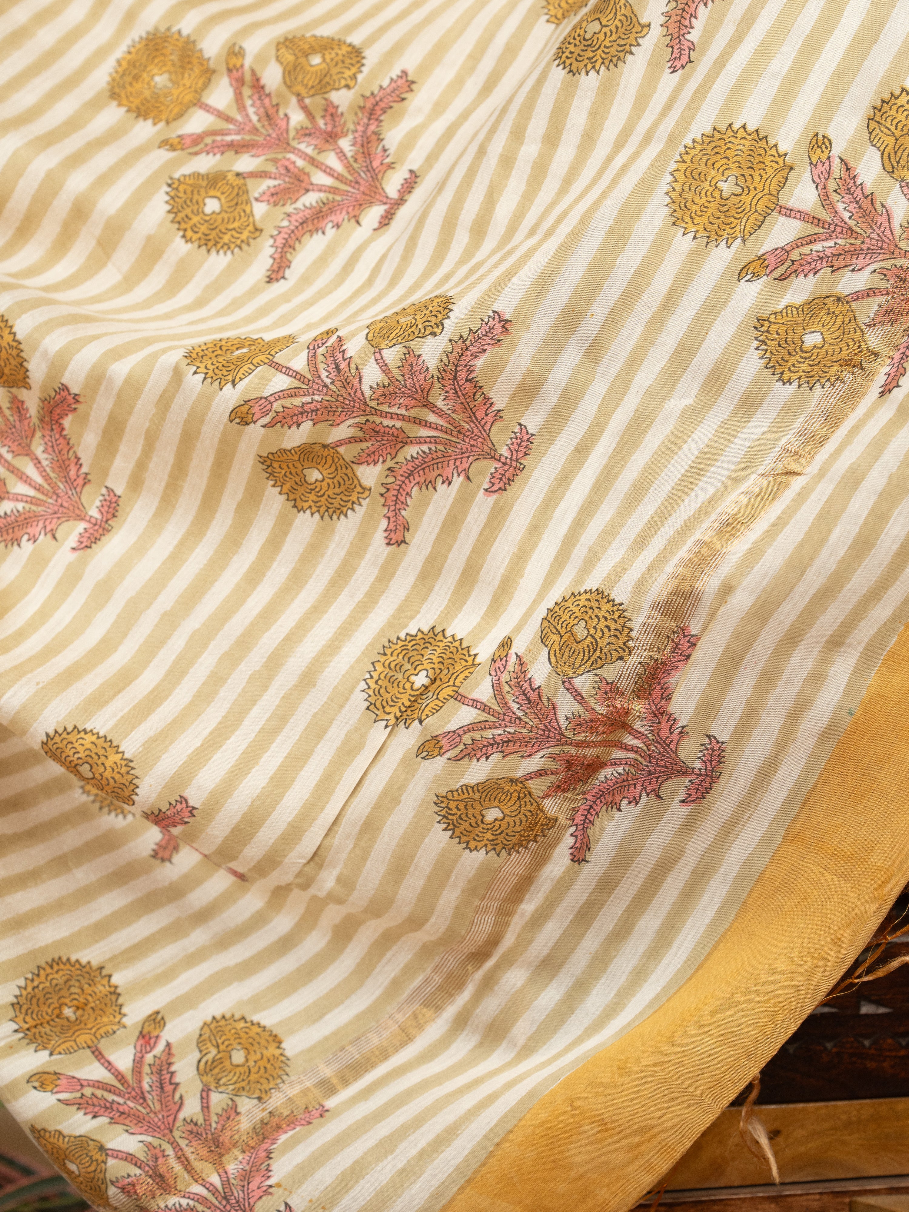 Dusty Blue Chanderi Block Print Saree