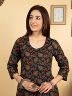 Black Colour Cotton Round With V-Neck Jaal Print Kurta For Women's