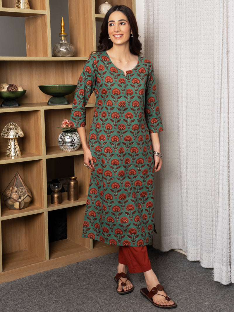 Peacock Green Cotton Round with V Neck Floral Print Kurta For Women's
