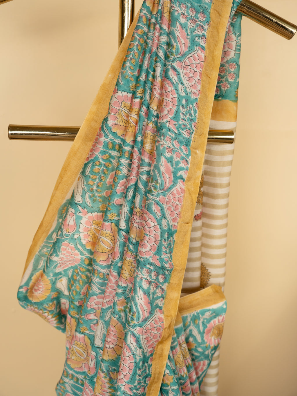 Dusty Blue Chanderi Block Print Saree