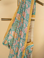 Dusty Blue Chanderi Block Print Saree