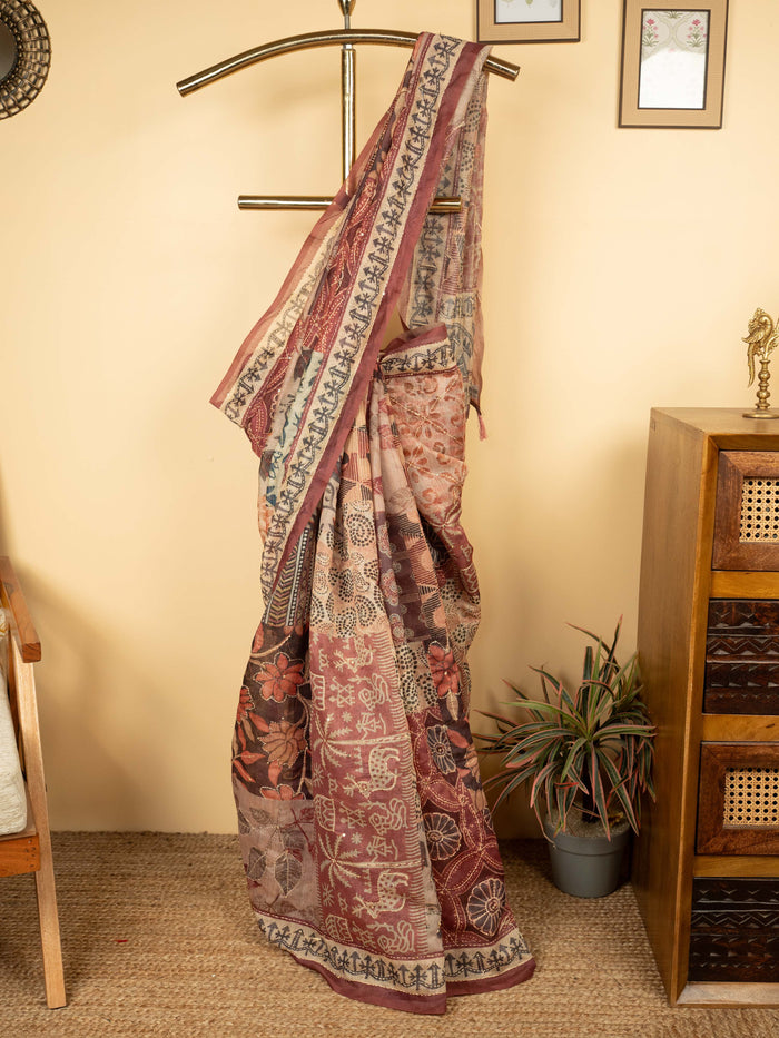 Onion Pink Cotton Hand Kantha Saree