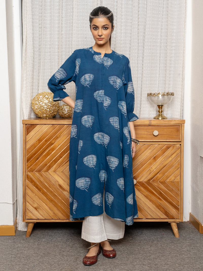 Indigo Colour Cotton Indigo Print Kurta For Women's
