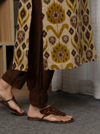 Beige Colour Cotton Round With V-Neck Abstract Print Kurta For Women's
