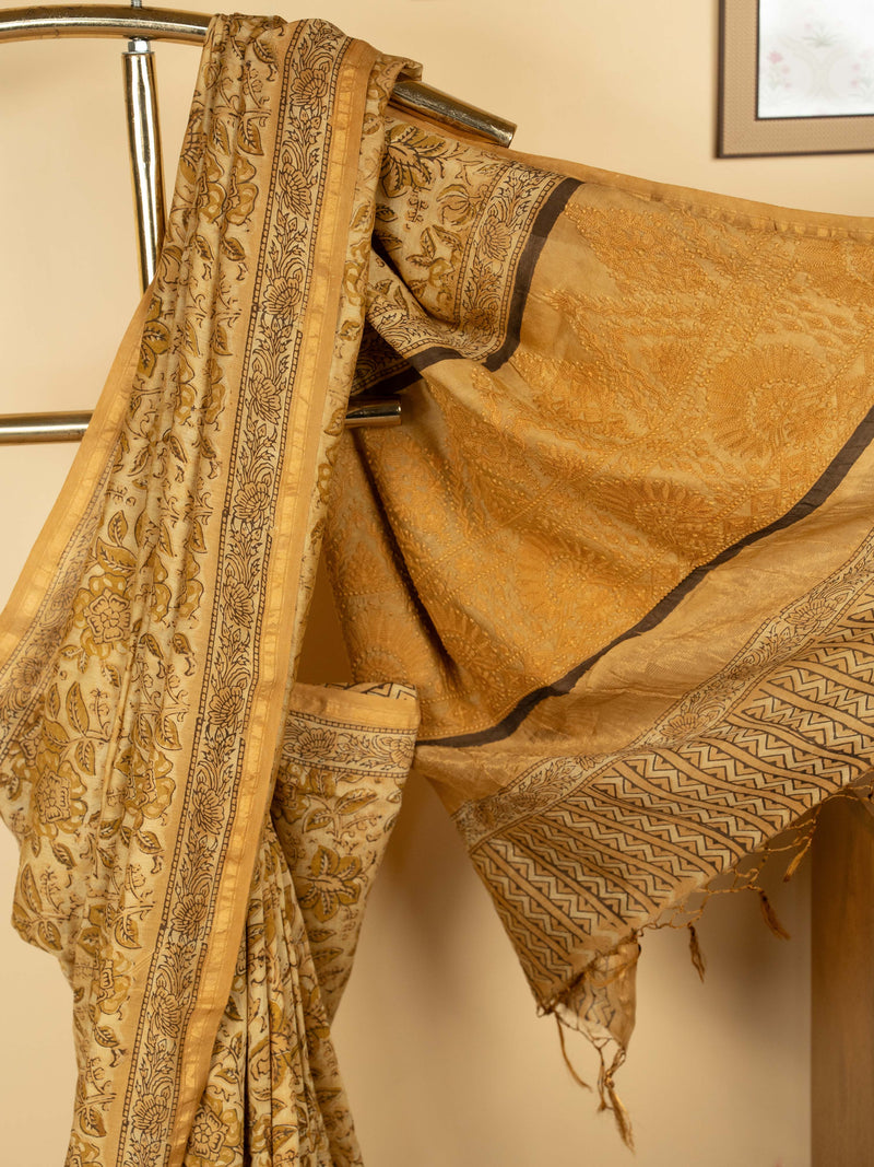 Yellow Chanderi Block Printed Saree