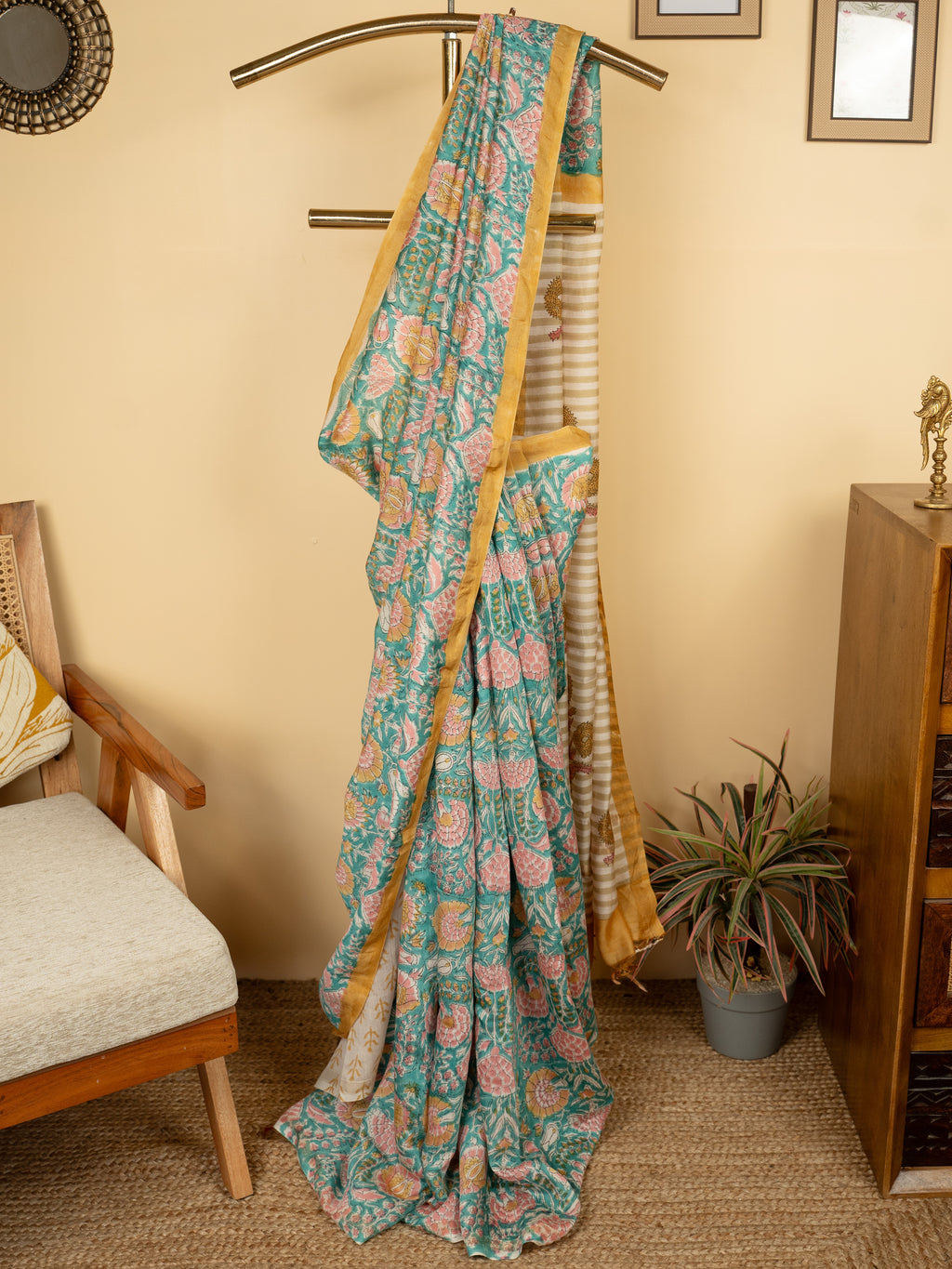 Dusty Blue Chanderi Block Print Saree