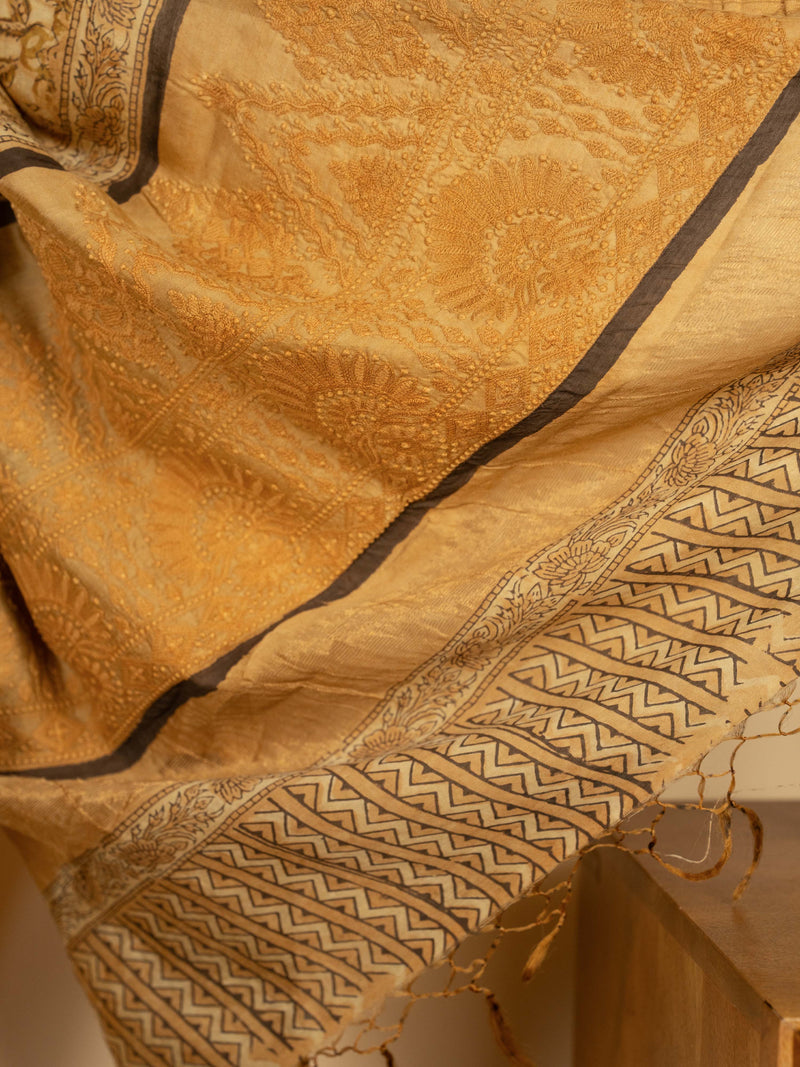 Yellow Chanderi Block Printed Saree