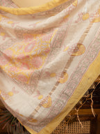 Light Yellow Chanderi Block Print Saree