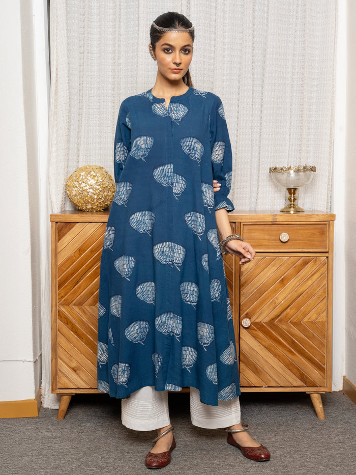 Indigo Colour Cotton Indigo Print Kurta For Women's