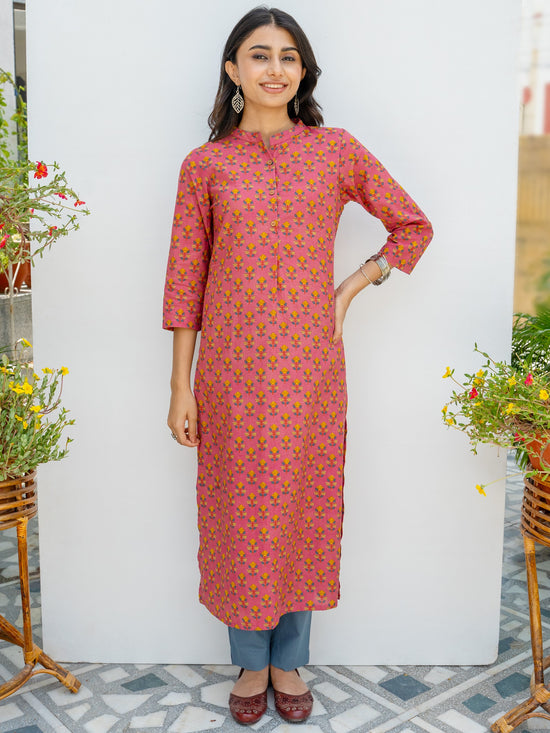 Pink Cotton Printed Kurta For Women's