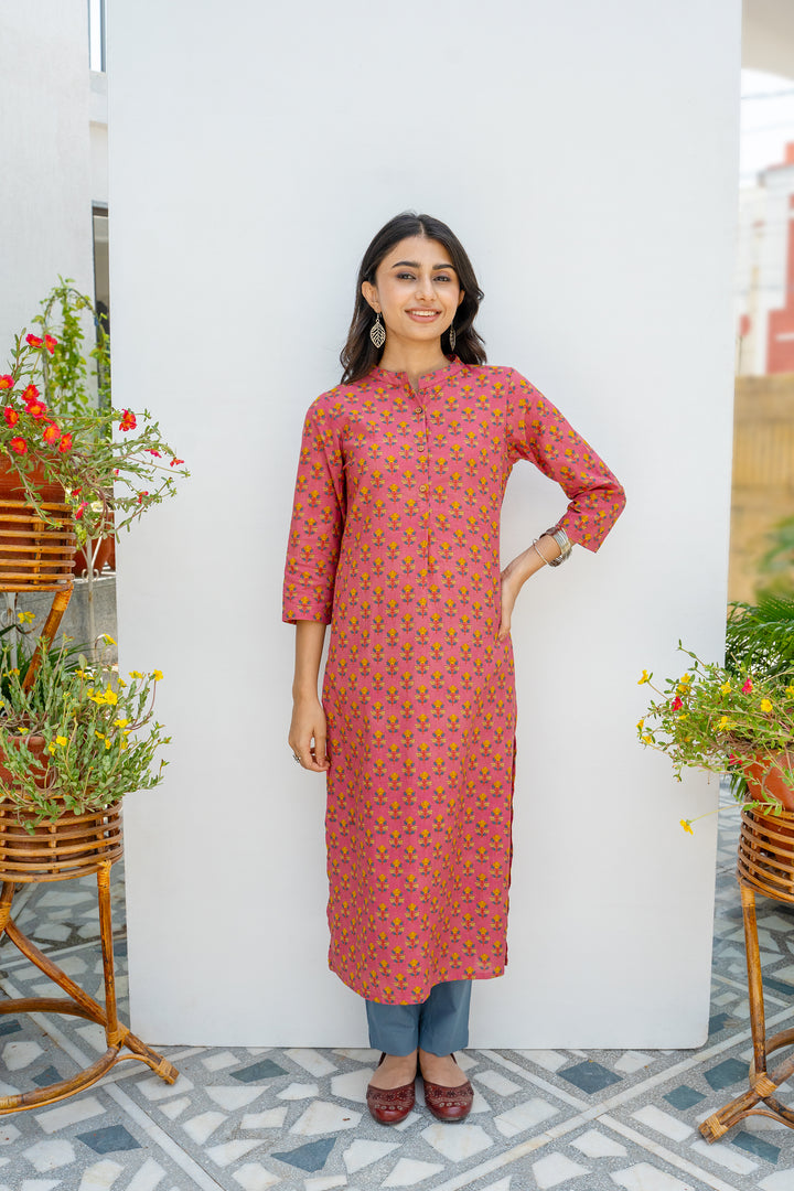 Pink Cotton Printed Kurta For Women's