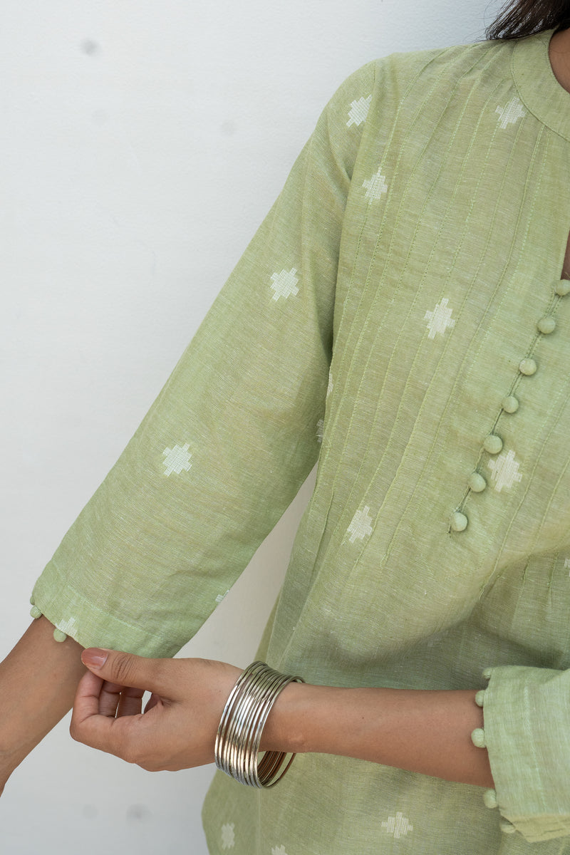 Pastel Green Hnadloom Cotton Short Kurti For Women's