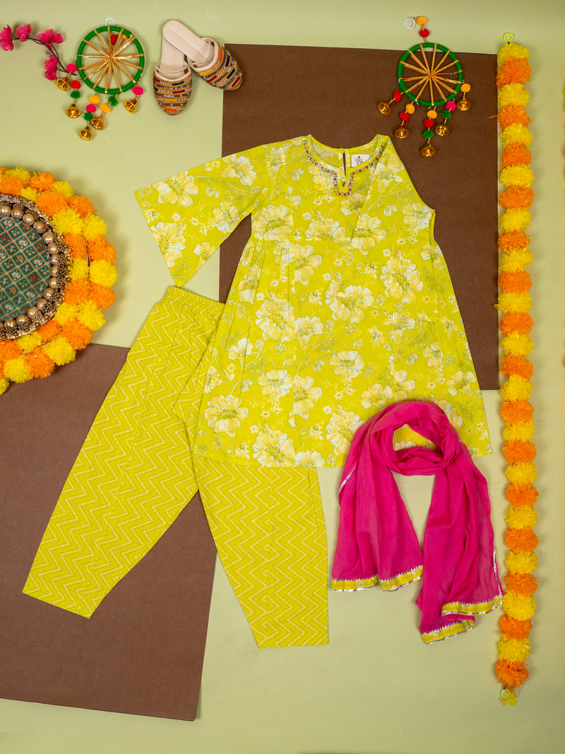 Green Cotton Kurta Salwar with Dupatta Set For Kids