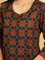 Blue Colour Cotton Round With V-Neck Floral Print Kurta For Women's