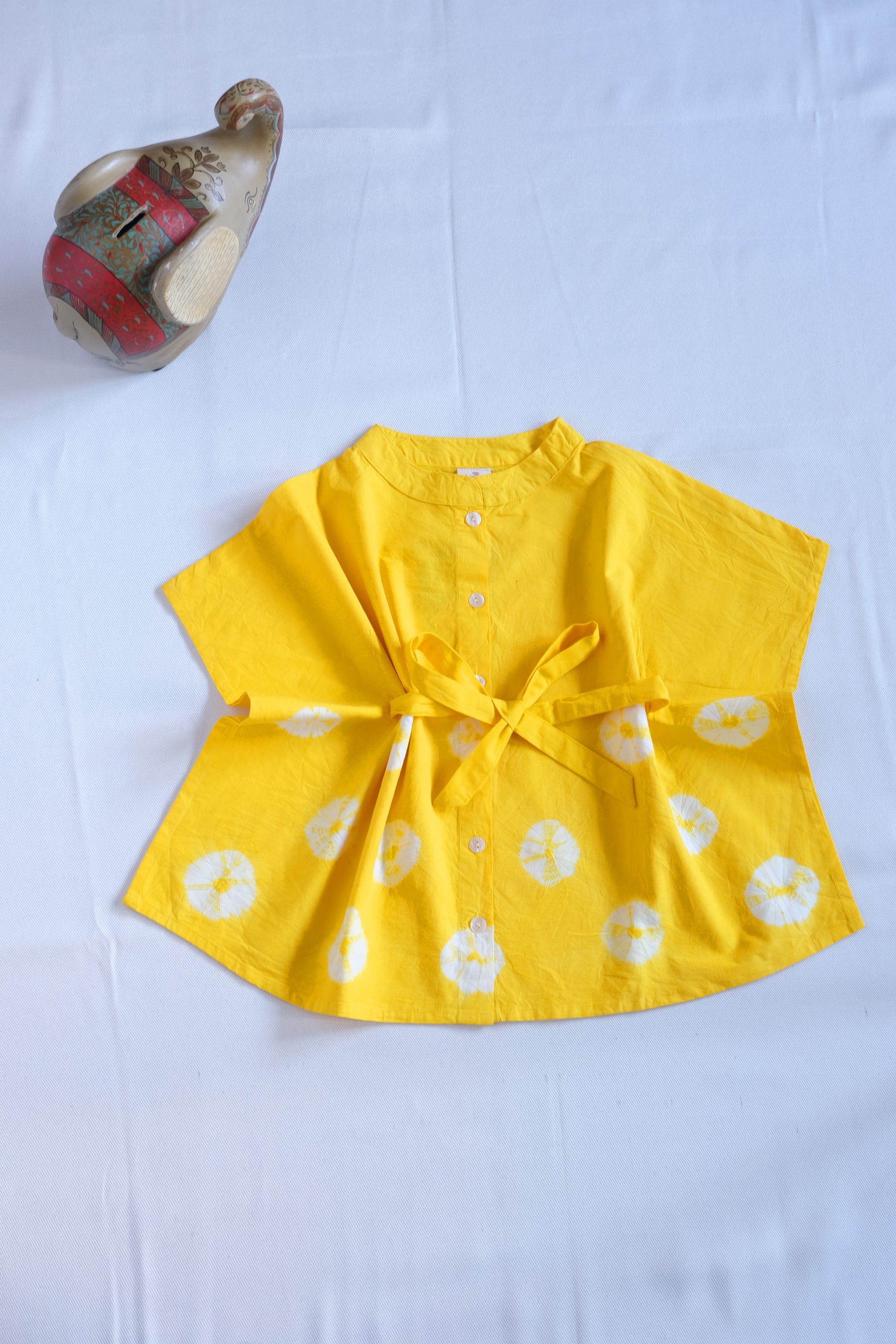 Yellow Handdone Bhandhej Kaftan-Kids Bandhani