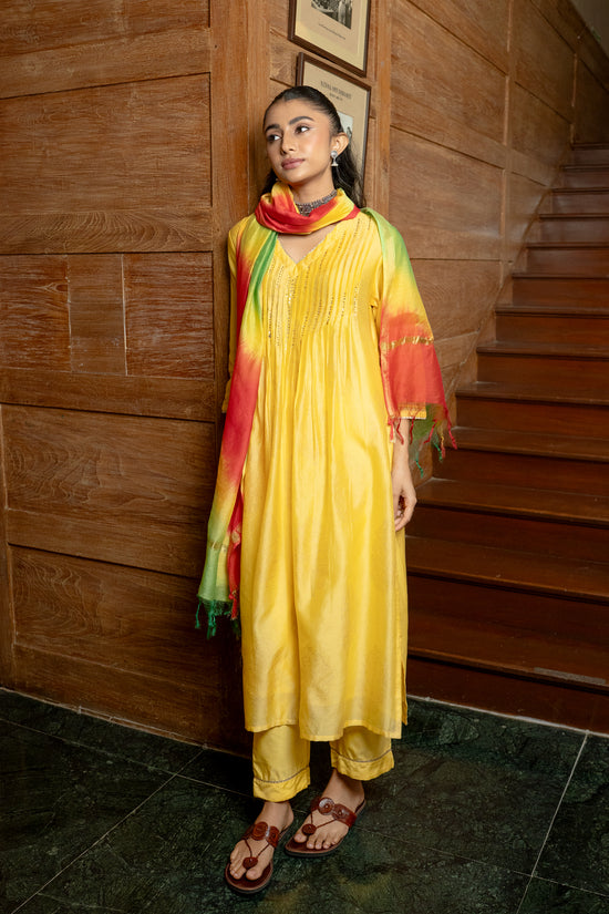 Yellow Chanderi V-Neck Complete Suit Set For Women's